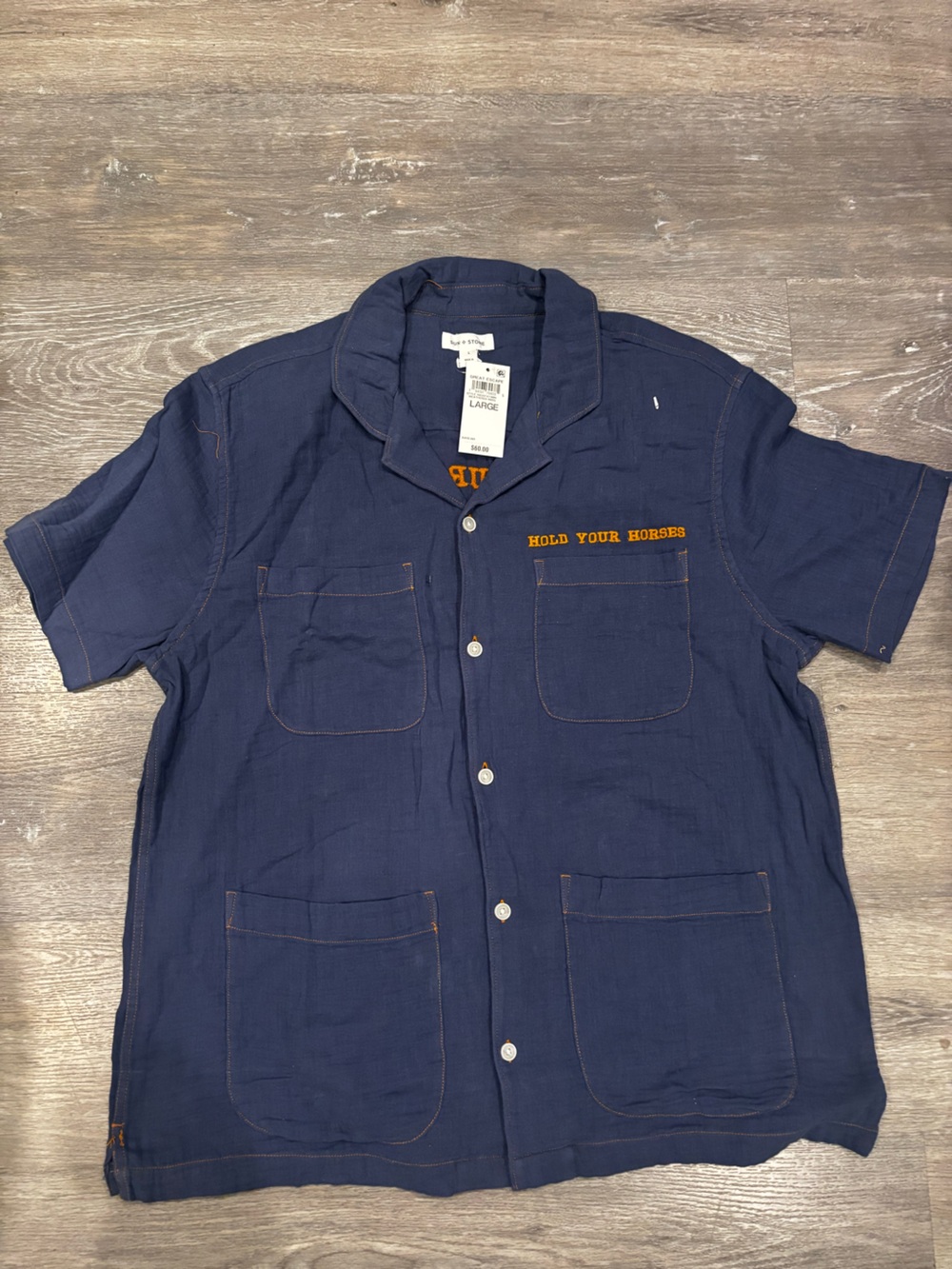 Sun + Stone Navy Short-Sleeve Utility Shirt Jacket with Orange Embroidery